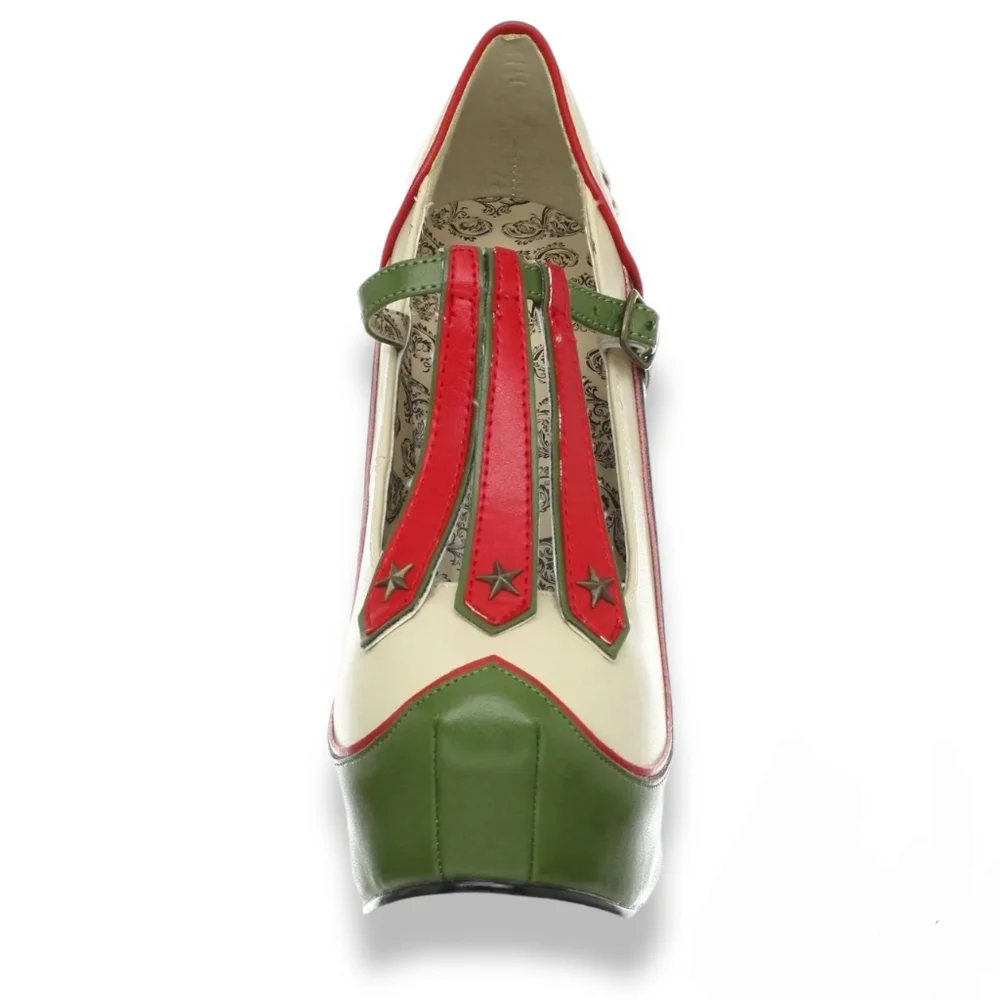 Pleaser Bordello TEEZE-43, cream, red, green, concealed platform, military theme - Picture 4 of 10
